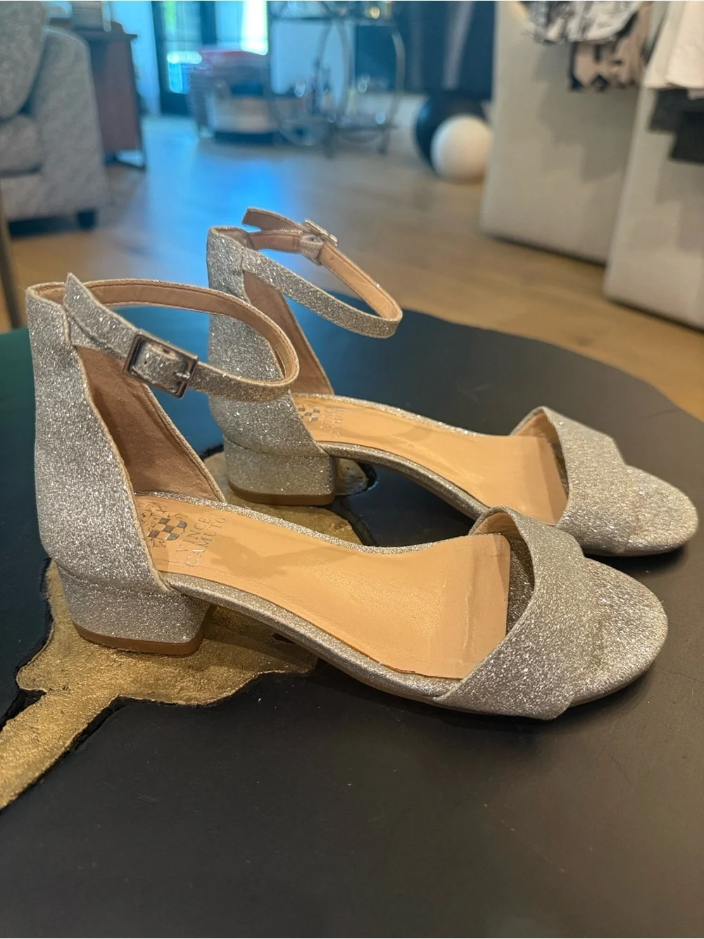 Girls Vince Camuto Silver Glitter Ankle-Strap Block Heel Sandals